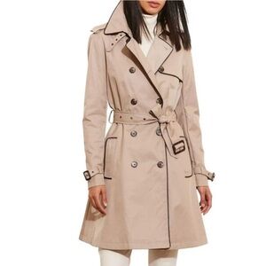 Ralph Lauren Trench Coat Size L Long Belted Cotton Faux Leather Trim NWT Beige